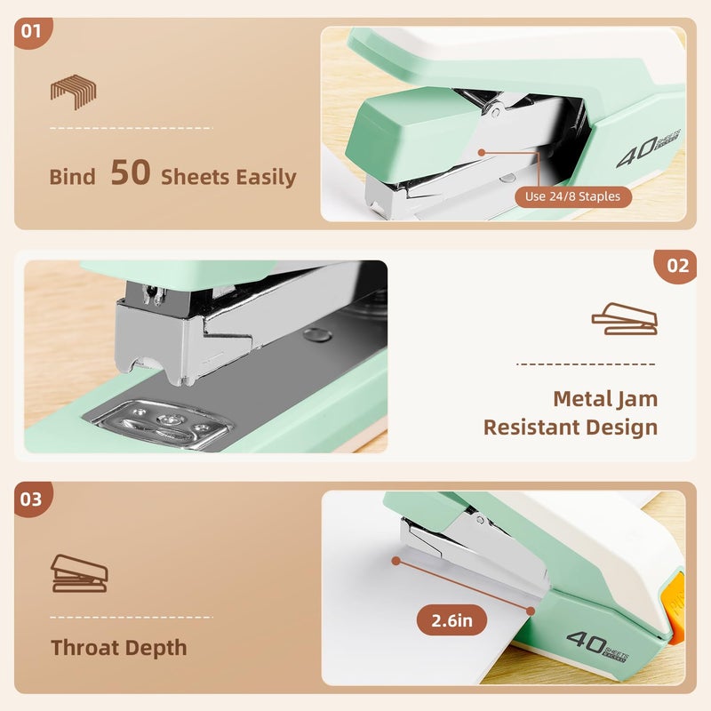 Deli Effortless Desktop Stapler, Heavy Duty Stapler, 40-50 Sheet Capacity, One Finger, No Effort, Includes 1500 Staples & Staple Remover, Green - Image 5